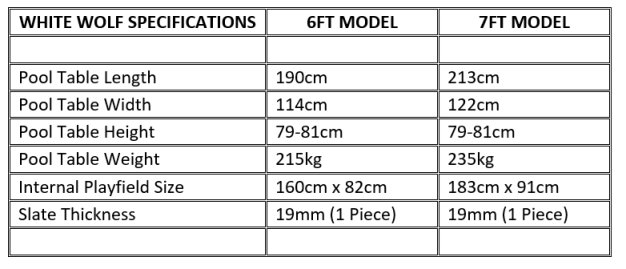 White Wolf Pool Table Dimensions