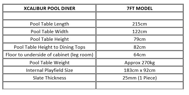 Xcalibur Pool Dining Table Dimensions