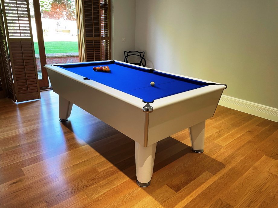 White Classic Pool Table - Blue Wool Cloth