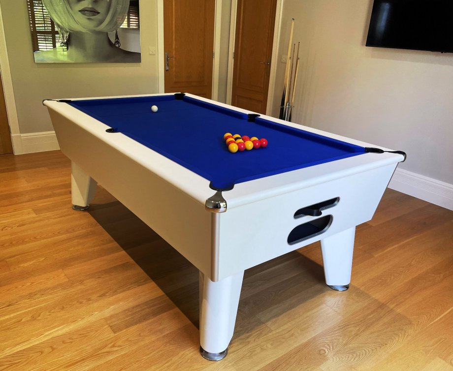 White Classic Pool Table - Blue Wool Cloth