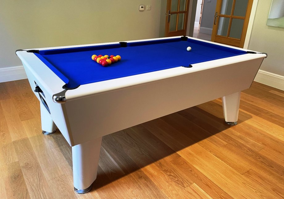 White Classic Pool Table - Blue Wool Cloth