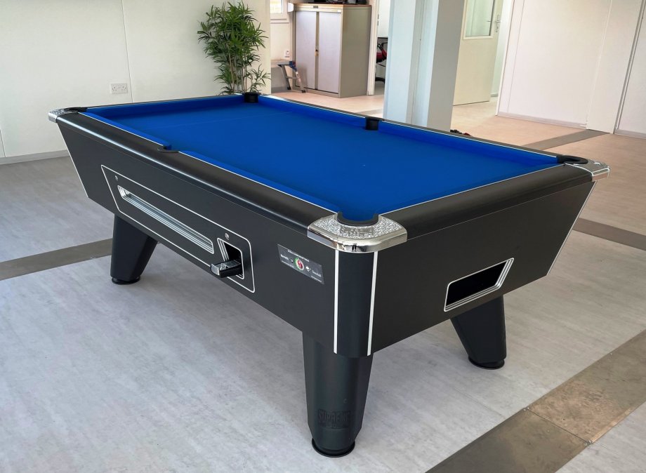 7ft Mechanical Coin Table - Black with Blue Cloth