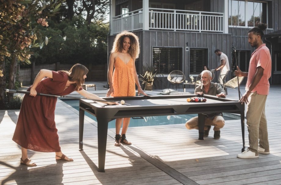Weatherproof outdoor pool table setup on a patio