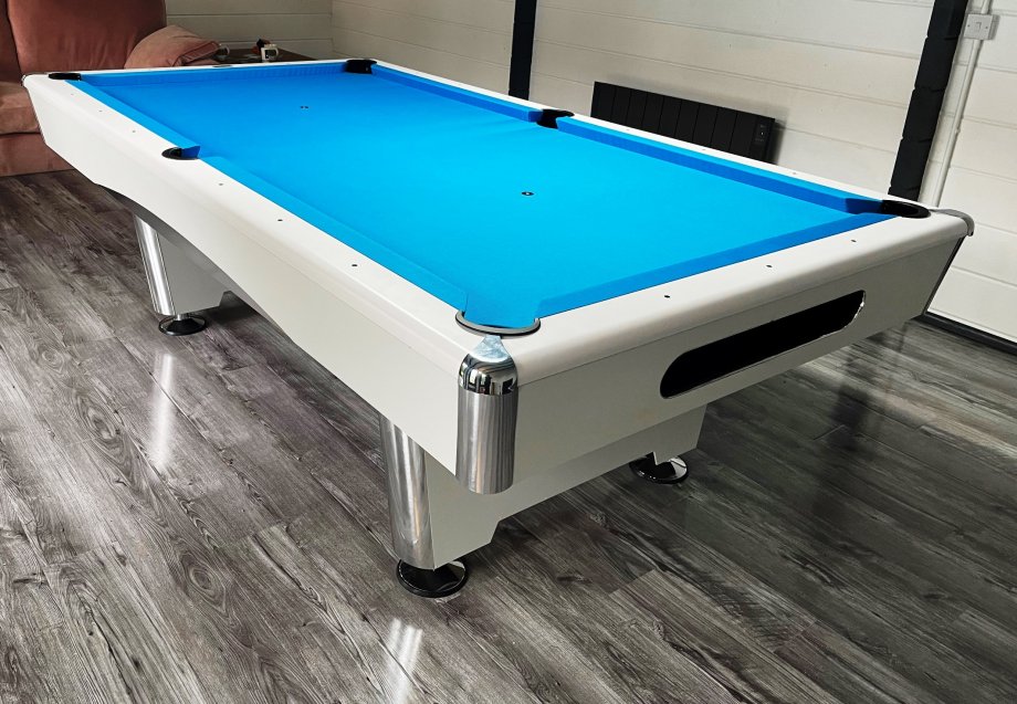 Dynamic Triumph White 8ft Pool Table with Tournament Blue Pool Cloth