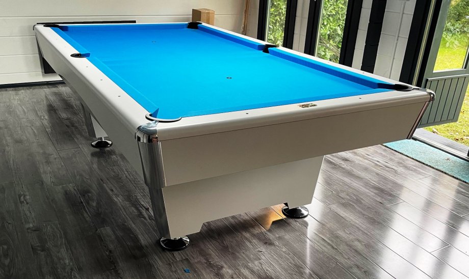 Dynamic Triumph White 8ft Pool Table with Tournament Blue Pool Cloth