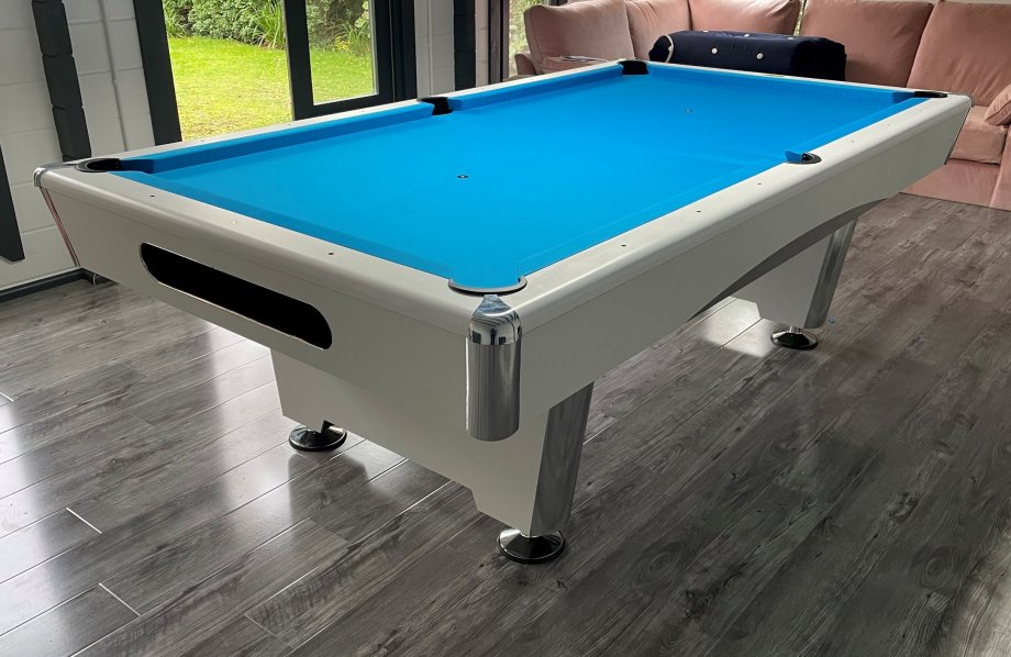 Dynamic Triumph White 8ft Pool Table with Tournament Blue Pool Cloth