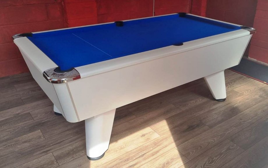 7ft White Table with Blue Cloth