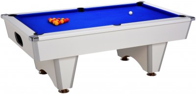White Elite Pool Table with Blue Cloth