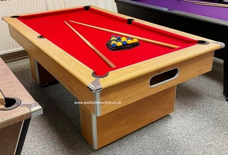 Classic Slimline Pool Table - Oak Cabinet Finish with Red Cloth
