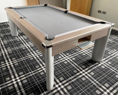 Fusion Pool Dining Table in a Grey Oak Cabinet Finish