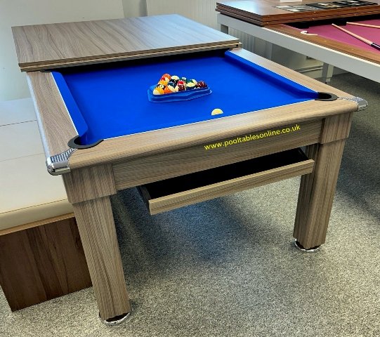 Traditional Pool Dining Table in Driftwood with Blue Cloth