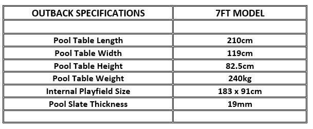 Outback Pro Outdoor Pool Table Specifications