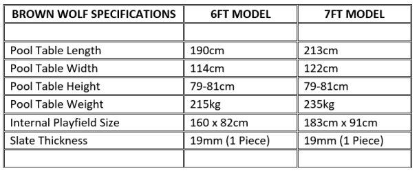 Brown Wolf Pool Table Dimensions