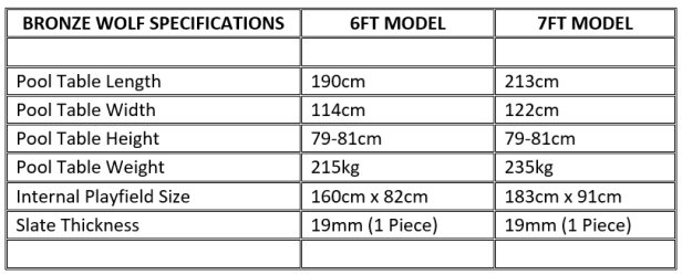 Bronze Wolf Pool Table Dimensions