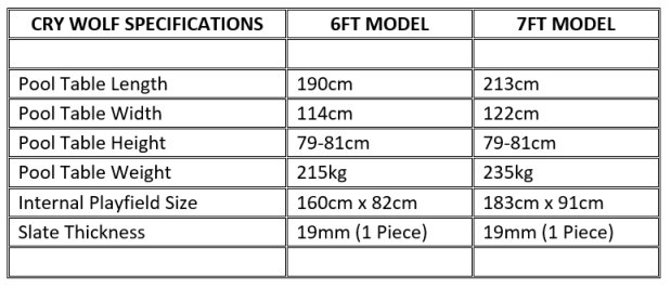 Cry Wolf Pool Table Dimensions