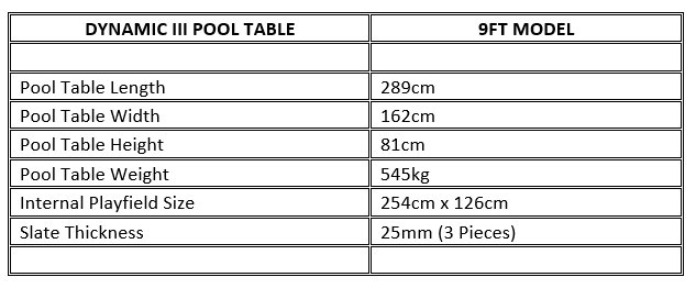 Dynamic III Matt Grey American 9ft Pool Table Dimensions