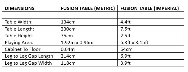 Aramith Fusion Pool Table Dimensions Chart