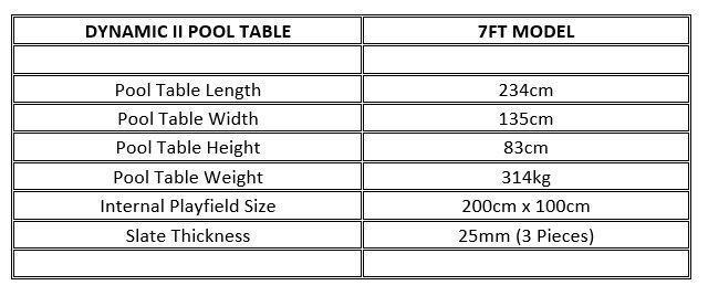 Dynamic II American 7ft Pool Table Dimensions
