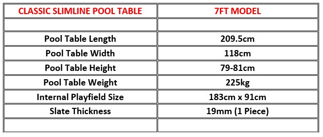 Classic Slimline 7ft Black Pool Table Dimensions