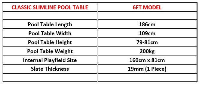 Classic Slimline 6ft Black Pool Table Dimensions