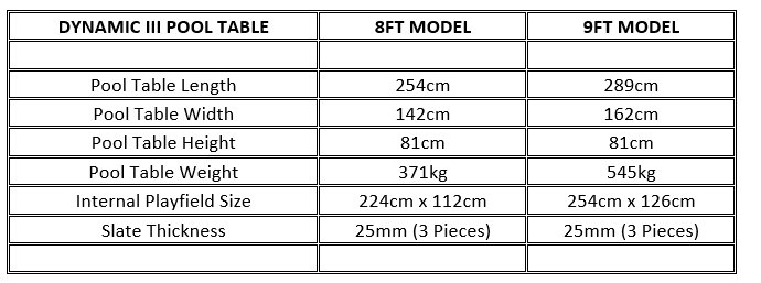 Dynamic III American 8ft and 9ft Pool Table Dimensions