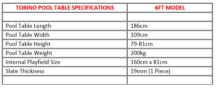 6ft Torino Pool Table Dimensions