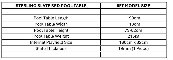 Sterling 6ft Slate Bed Pool Dimensions