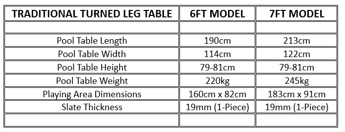 Traditional Turned Leg Pool Table Dimensions