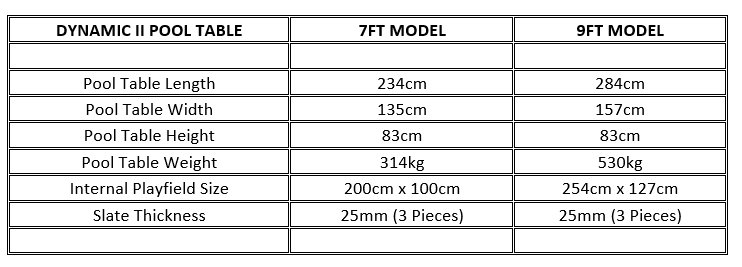 Dynamic II American 7ft and 9ft Pool Table Dimensions