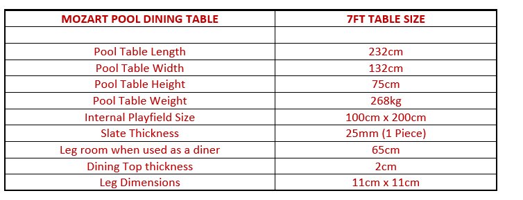 Mozart Pool Dining Table Dimensions