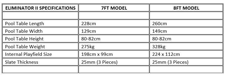 Buffalo Eliminator II American Pool Table Specifications