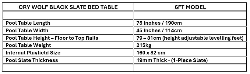 6ft Cry Wolf Pool Table Dimensions